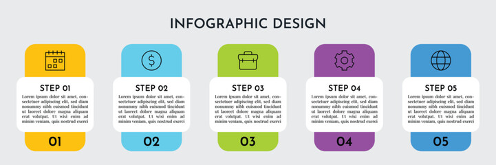 Five Step Rounded Rectangle Infographic Layout with Colorful Sections and Line Icons, Modern Business Process Abstract Design Vector Illustration