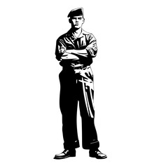 a black and white silhouette of a soldier standing with crossed armsarm, baseball uniform, beret, black, cross, guard, illustration, man, stand, uniform, wear, white 