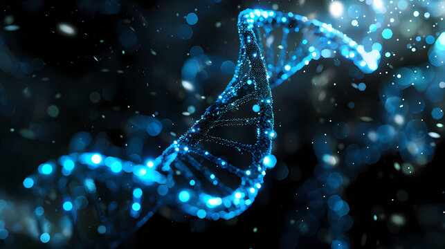 Dynamic 3D render of a luminous blue DNA helix, showcasing the frontiers of genetic science, biotechnology, and molecular discovery in a futuristic digital environment
