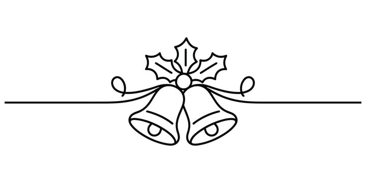 Simple christmas bells with holly leaf line art graphic element.