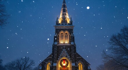 Snowy Winter Night At A Lit Up Gothic Church