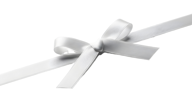 Simple white satin ribbon bow tied diagonally for holiday gift wrapping and decoration. isolated PNG with Transparent Background