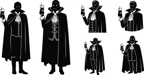 Classic vampire silhouettes holding wine glasses, gothic Dracula figures in capes, elegant horror characters for dark fantasy or Halloween art.