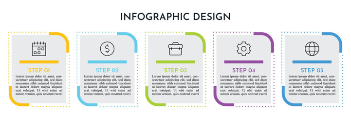 Five Step Dotted Border Infographics Layout Template with Colorful Rounded Corners and Line Icons, Modern Business Process Abstract Vector Design