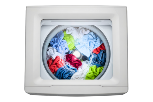Colorful laundry spinning in a top-loading washing machine on a transparent background