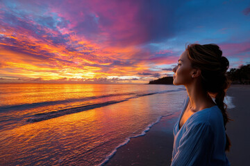 Fototapeta premium Woman enjoys sunset over the ocean while standing on a serene beach in a tranquil moment