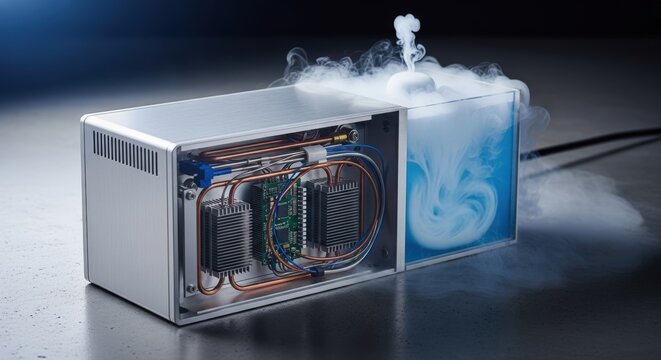 Advanced cooling system with visible internal components and swirling vapor
