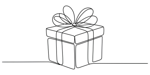 Continuous line art of a gift box with a bow, minimalist style