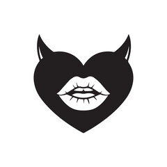 Black devil heart with lips isolated on white background