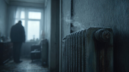 Old Broken Radiator In Cold Abandoned Apartment With Person Silhouette By Window Social Housing Problem