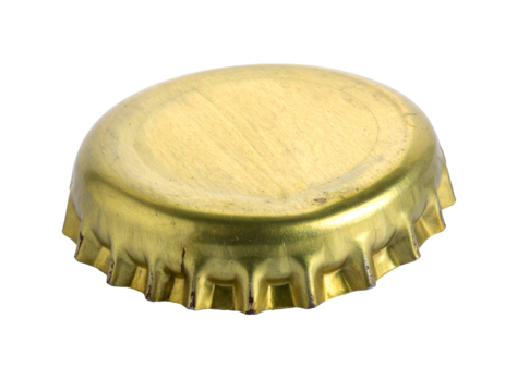 Golden crown bottle cap turned upside down, metal beer or soda closure with crimped rim on isolated background
