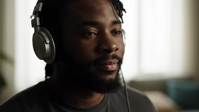 Young man wearing headphones and listening to music. Relaxed male person enjoying a podcast, nodding his head to the rhythm and smiling