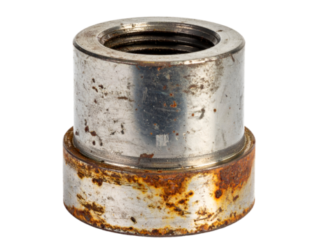 Old cylindrical metal pipe coupling with threaded interior and rusty patina, industrial plumbing fitting component on isolated background
