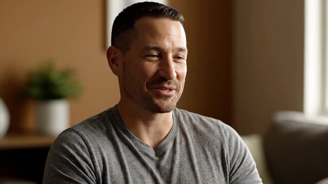 During an interview, a smiling middle aged man exudes confidence and friendliness as he expresses positive emotions and radiates happiness