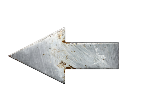Scratched silver metal left arrow plate with rust spots, industrial directional sign cutout on isolated background