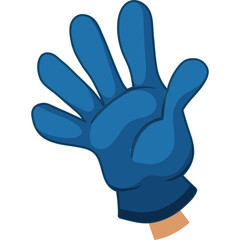 Blue cartoon glove with five fingers raised in a gesture of counting or greeting against a transparent background