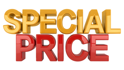 Three dimensional golden and red text displaying "SPECIAL PRICE" isolated on a transparent png background.