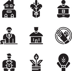 Black icons depicting houses people plants and symbols person