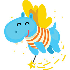 Blue cartoon hippopotamus with yellow wings and magic wand flying with sparkle and confetti illustration