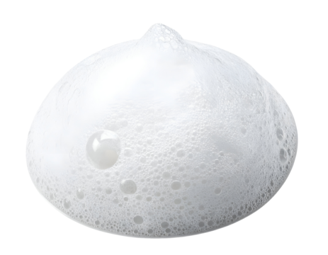 White soap foam mound with glossy bubbles and frothy lather texture, cleaning suds on isolated background