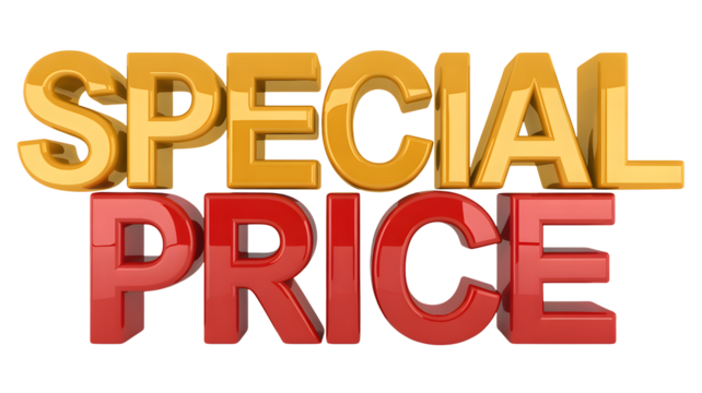 Three dimensional golden and red text displaying "SPECIAL PRICE" isolated on a transparent png background.