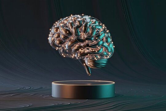 Advanced metallic human brain concept with glowing neural connections displayed on a pedestal, symbolizing AI, data processing, and future technology.