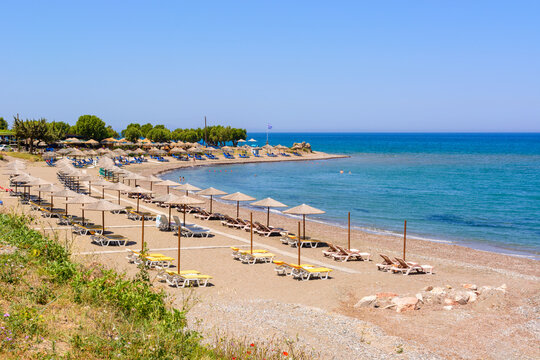 Kamiros beach, a lovely beach covered in golden sand with crystal clear water. Rhodes island. Dodecanese, Greece