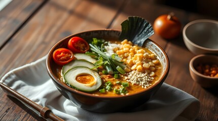 Stir fried vegetables and pasta with herbs in a pan for a healthy dinner.