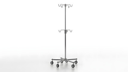 A medical IV stand with hooks stands on wheels, transparent png, isolated.