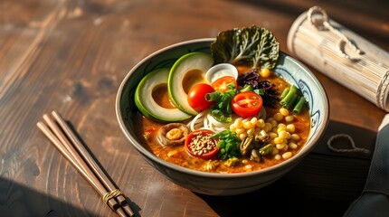 Stir fried vegetables and pasta with herbs in a pan for a healthy dinner.