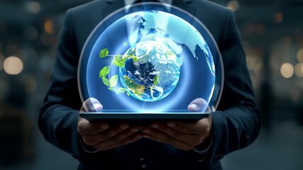 Business professional holding glowing holographic globe above tablet with world map display - Powered by Adobe