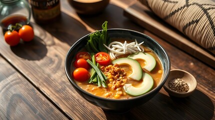 Stir fried vegetables and pasta with herbs in a pan for a healthy dinner.