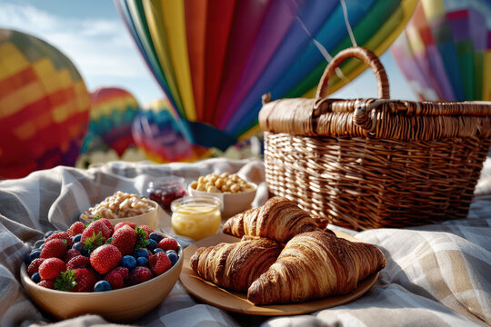 Hot air balloon festival with picnic and fresh food under blue sky