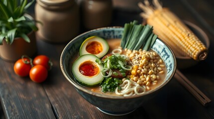Stir fried vegetables and pasta with herbs in a pan for a healthy dinner.