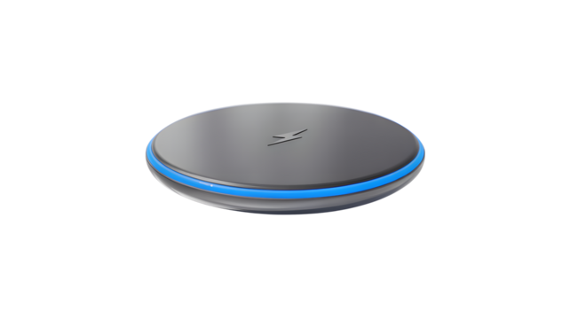 A sleek grey circular wireless charging pad with a blue light ring is ready to power devices, presented as an isolated transparent PNG.