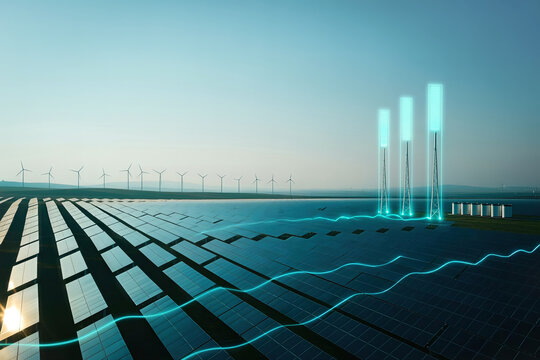 Futuristic integrated renewable energy system with solar panels, wind turbines, and a glowing digital graph visualizing clean power growth and sustainable technology concept.