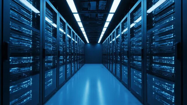 Modern server room racks in a futuristic data processing center. The camera is slowly moving forward along the aisle of a data warehouse