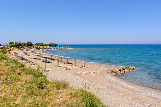 Kamiros beach, a lovely beach covered in golden sand with crystal clear water. Rhodes island. Dodecanese, Greece