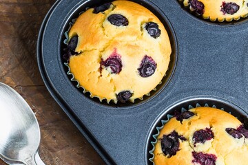 Freshly baked blueberry muffins in a muffin tin