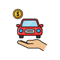 Hand holding a car with a dollar coin, isolated on white background