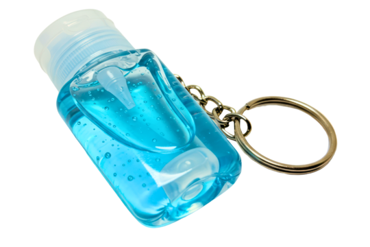 Small travel bottle of blue antibacterial gel with key ring on a transparent background