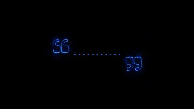 Animated illuminated quotation marks glow with blue light on a black background in 4k