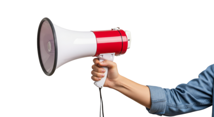 Hand holding a  megaphone for announcements Isolated on white background