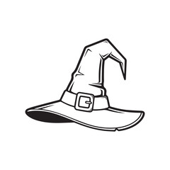 Black and white illustration of a witch hat isolated on white background