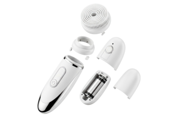 Disassembled electric facial cleansing brush showing components on a transparent background