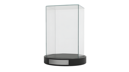 An isolated transparent png image shows a clear glass display case standing empty on a round dark base with a blank plaque.