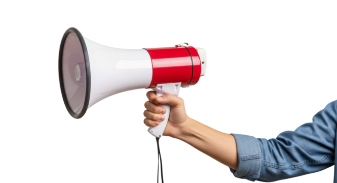 Hand holding a  megaphone for announcements Isolated on white background