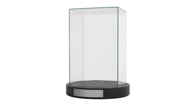 An isolated transparent png image shows a clear glass display case standing empty on a round dark base with a blank plaque.