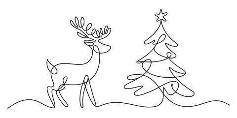 Reindeer and christmas tree one line art holiday season vector