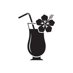 Black silhouette of a tropical cocktail with a hibiscus flower